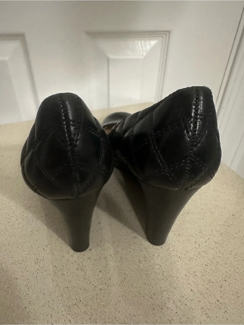 Tory Burch Black Leather Quilted Wedge Pumps